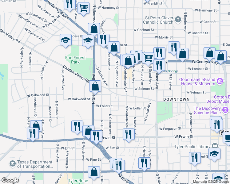 map of restaurants, bars, coffee shops, grocery stores, and more near 528 North Englewood Avenue in Tyler
