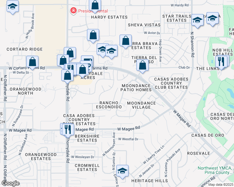 map of restaurants, bars, coffee shops, grocery stores, and more near 8240 North Camino De La Viola in Tucson