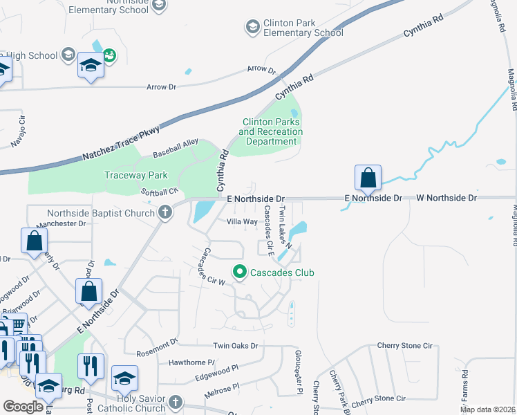 map of restaurants, bars, coffee shops, grocery stores, and more near 352 Cascades Circle East in Clinton