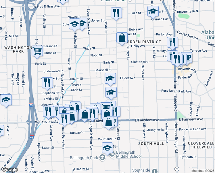 map of restaurants, bars, coffee shops, grocery stores, and more near 1756 South Court Street in Montgomery