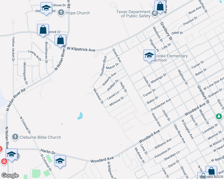 map of restaurants, bars, coffee shops, grocery stores, and more near 1407 Phillips Street in Cleburne
