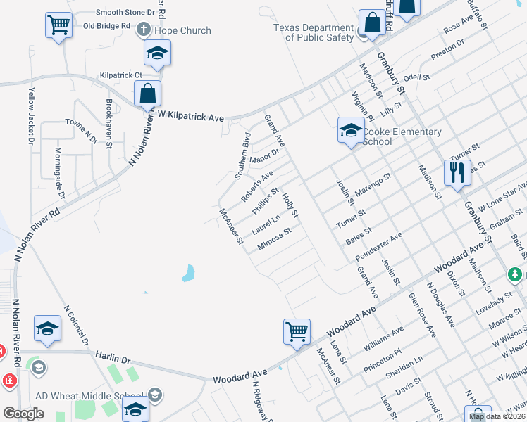 map of restaurants, bars, coffee shops, grocery stores, and more near 1407 Phillips Street in Cleburne