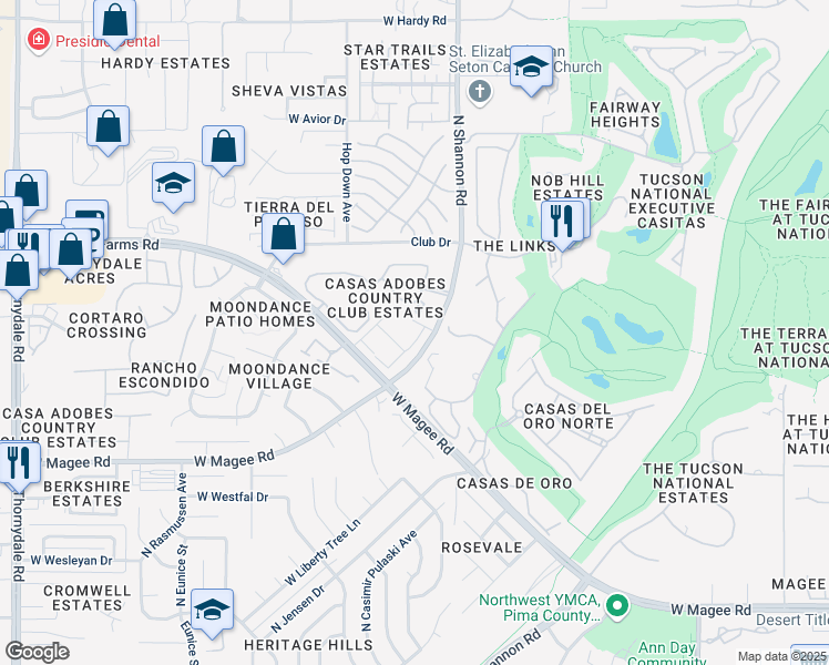 map of restaurants, bars, coffee shops, grocery stores, and more near 8255 North Shannon Road in Tucson