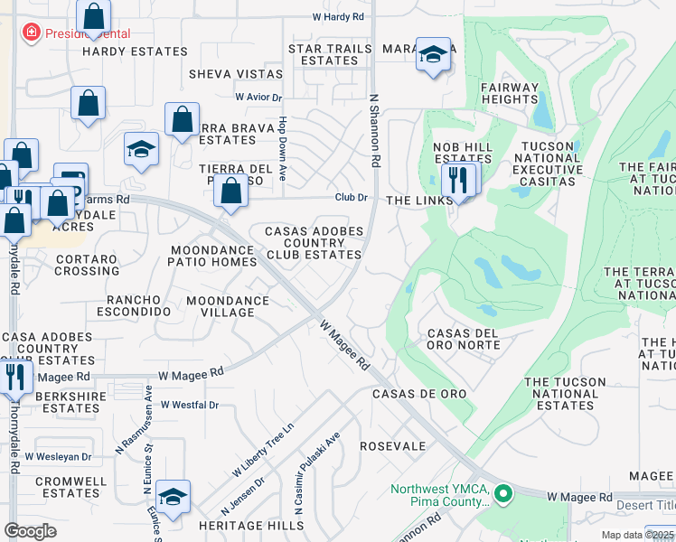 map of restaurants, bars, coffee shops, grocery stores, and more near 8255 North Shannon Road in Tucson