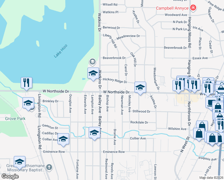map of restaurants, bars, coffee shops, grocery stores, and more near 624 W Northside Dr in Jackson