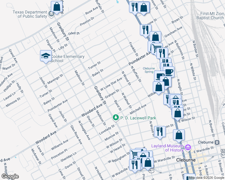 map of restaurants, bars, coffee shops, grocery stores, and more near 1106 North Walnut Street in Cleburne