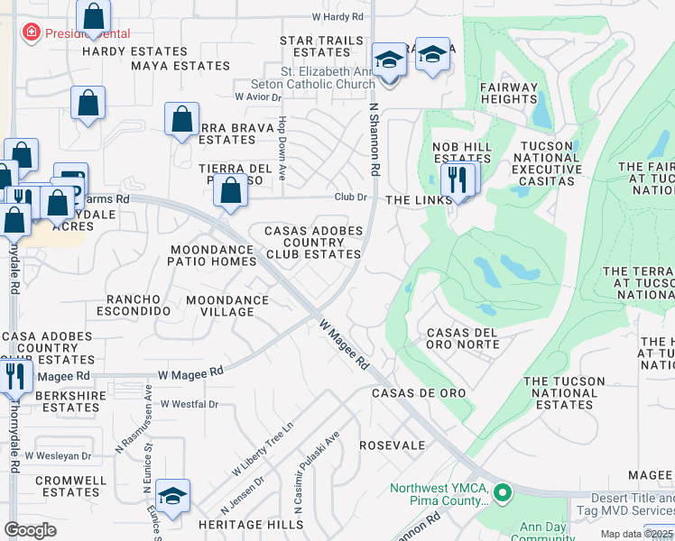 map of restaurants, bars, coffee shops, grocery stores, and more near 8309 North Shannon Road in Tucson