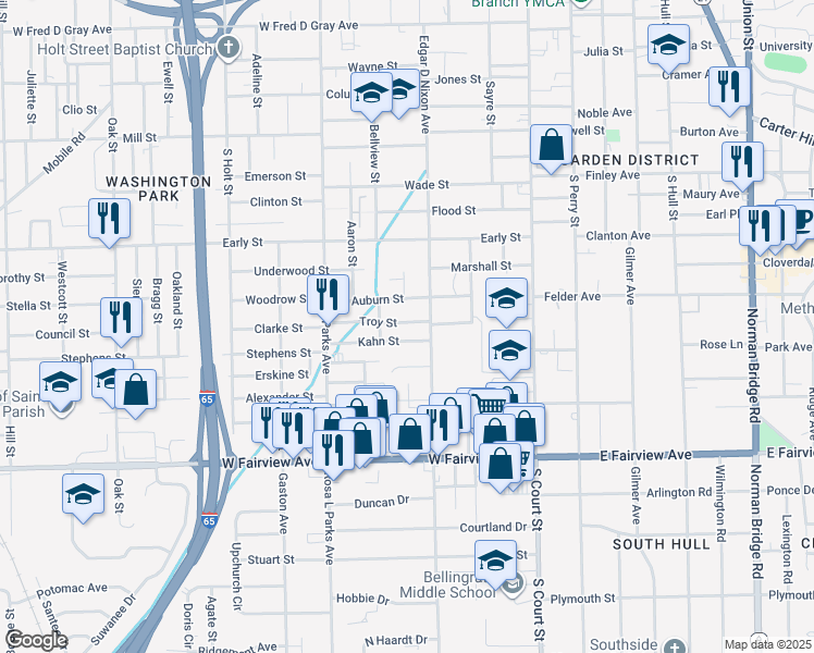 map of restaurants, bars, coffee shops, grocery stores, and more near 1618 Edgar D Nixon Avenue in Montgomery
