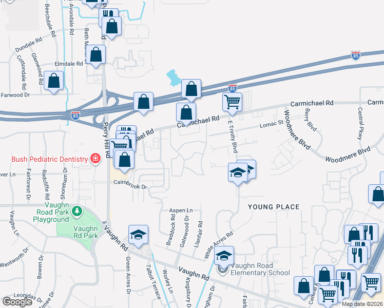 map of restaurants, bars, coffee shops, grocery stores, and more near 4132 Carmichael Road in Montgomery