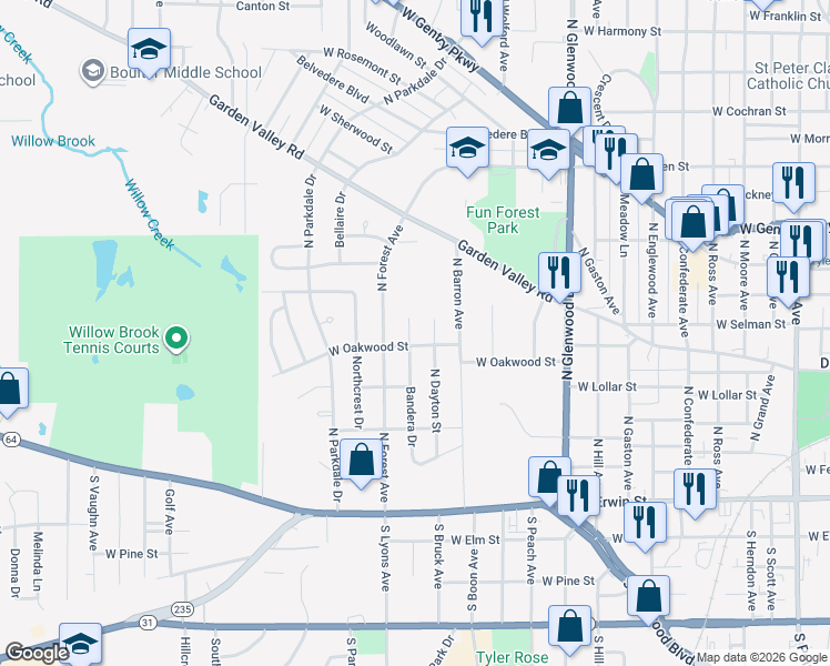 map of restaurants, bars, coffee shops, grocery stores, and more near 611 Bandera Drive in Tyler