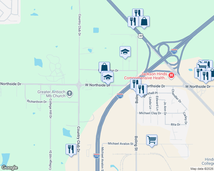 map of restaurants, bars, coffee shops, grocery stores, and more near 3800 West Northside Drive in Jackson