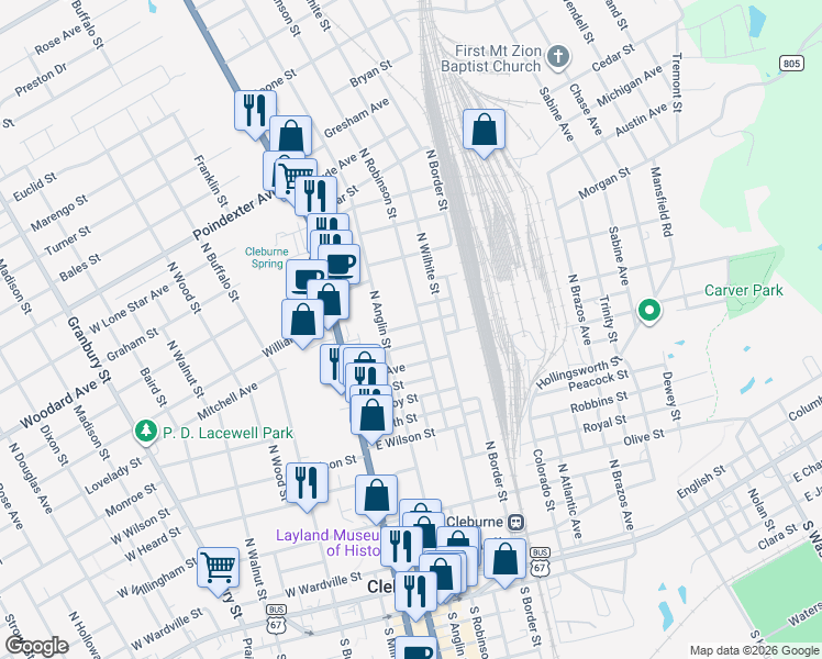 map of restaurants, bars, coffee shops, grocery stores, and more near 722 North Robinson Street in Cleburne