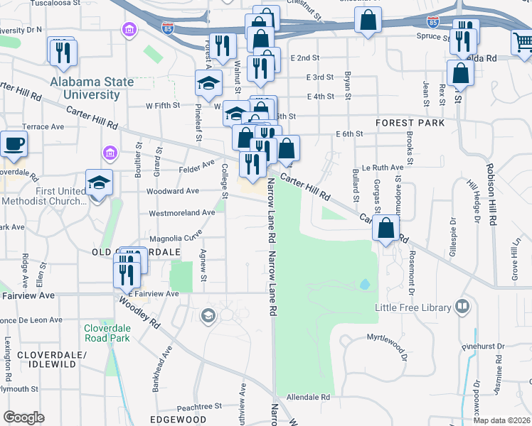 map of restaurants, bars, coffee shops, grocery stores, and more near 2200 Narrow Lane Road in Montgomery