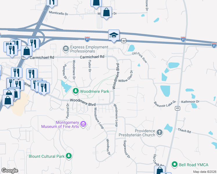 map of restaurants, bars, coffee shops, grocery stores, and more near 6008 Neill Drive in Montgomery