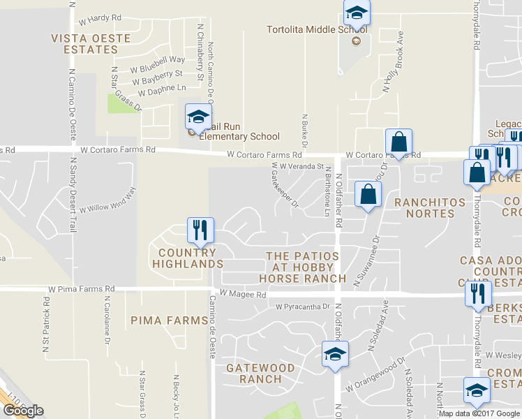 map of restaurants, bars, coffee shops, grocery stores, and more near 4530 West Lord Redman Loop in Tucson
