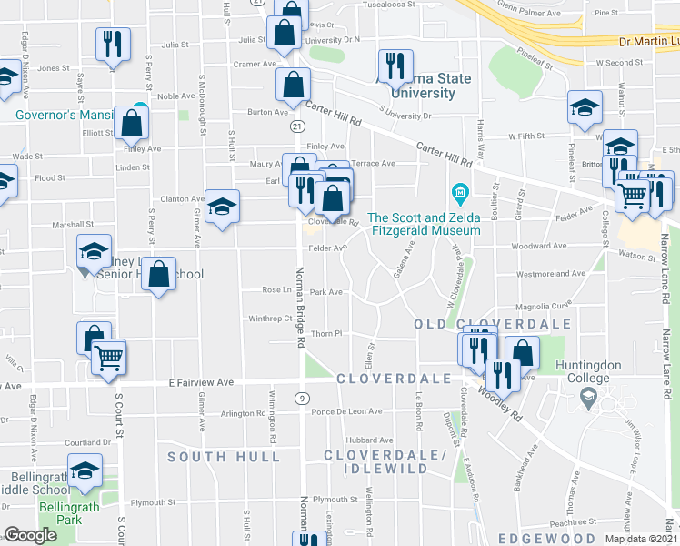 map of restaurants, bars, coffee shops, grocery stores, and more near 1842 Ridge Avenue in Montgomery