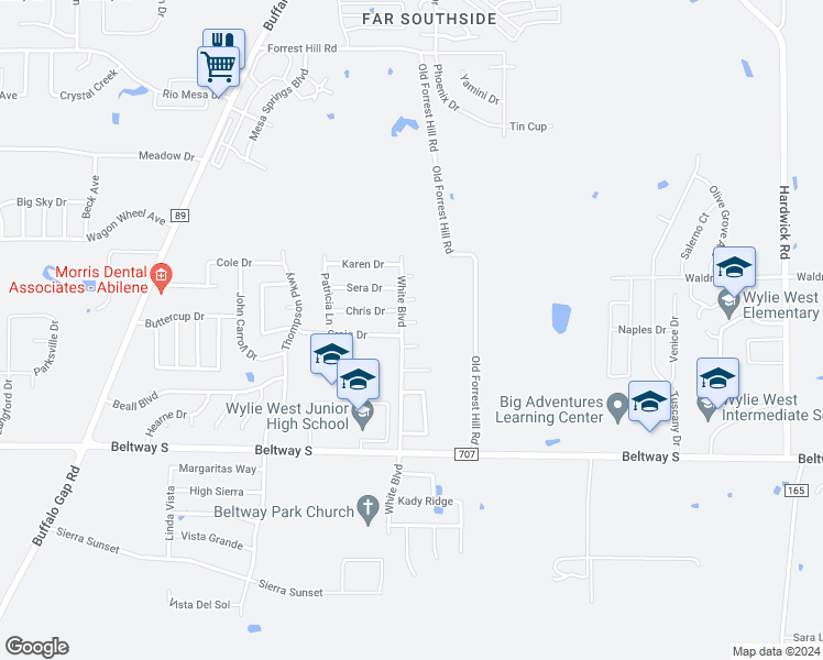 map of restaurants, bars, coffee shops, grocery stores, and more near 3817 Kellye Court in Abilene