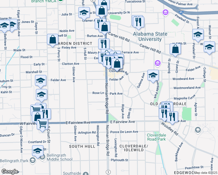 map of restaurants, bars, coffee shops, grocery stores, and more near 1821 Norman Bridge Road in Montgomery
