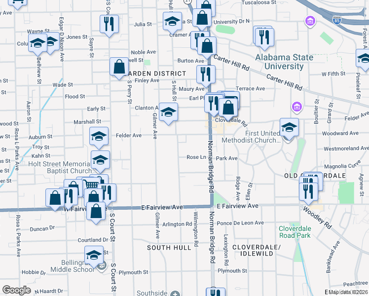 map of restaurants, bars, coffee shops, grocery stores, and more near 1813 South Hull Street in Montgomery