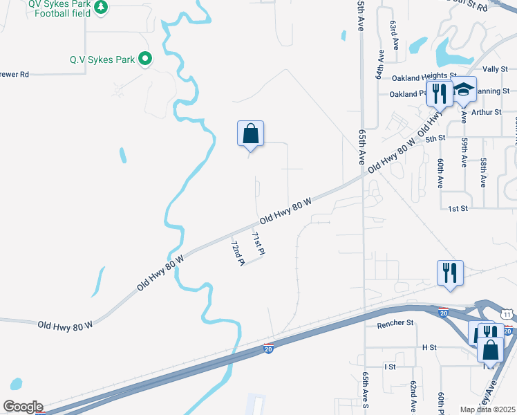 map of restaurants, bars, coffee shops, grocery stores, and more near 7100 Old Highway 80 West in Meridian