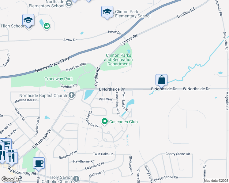 map of restaurants, bars, coffee shops, grocery stores, and more near 352 Cascades Circle East in Clinton