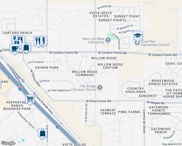 map of restaurants, bars, coffee shops, grocery stores, and more near 5029 West Willow Wind Way in Tucson