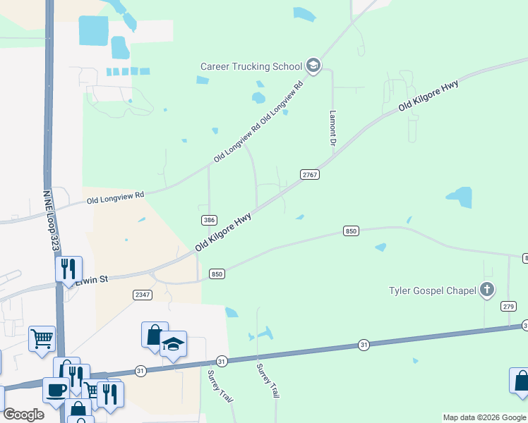 map of restaurants, bars, coffee shops, grocery stores, and more near 5980 Farm to Market Road 2767 in Tyler