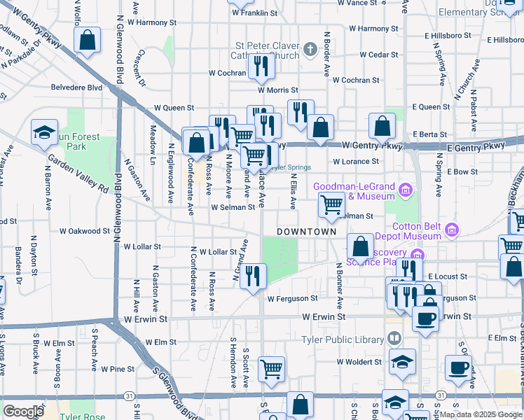 map of restaurants, bars, coffee shops, grocery stores, and more near 516 North Palace Avenue in Tyler