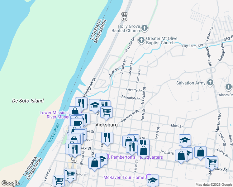 map of restaurants, bars, coffee shops, grocery stores, and more near 601 Adams Street in Vicksburg