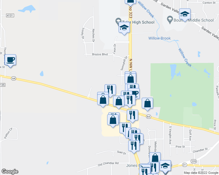 map of restaurants, bars, coffee shops, grocery stores, and more near 3809 State Highway 64 in Tyler