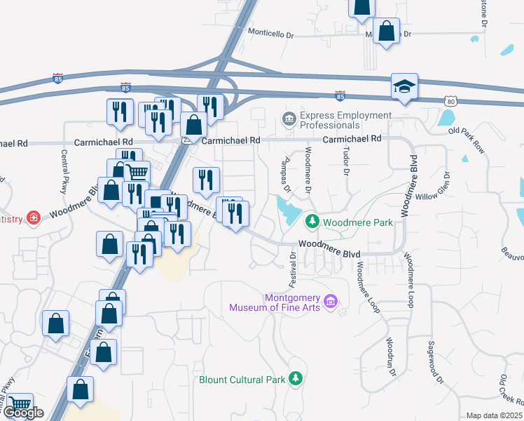 map of restaurants, bars, coffee shops, grocery stores, and more near 1404 Stonehenge Road in Montgomery