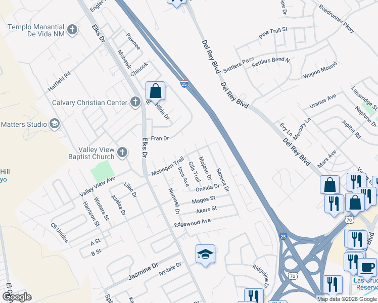 map of restaurants, bars, coffee shops, grocery stores, and more near 4130 Gila Trail in Las Cruces