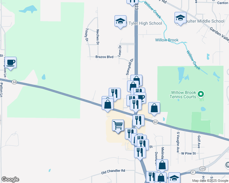 map of restaurants, bars, coffee shops, grocery stores, and more near 3809 State Highway 64 in Tyler