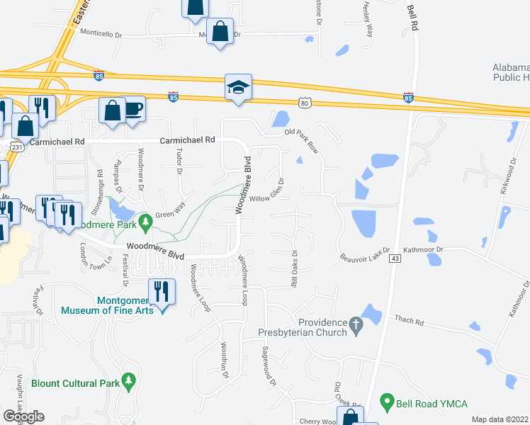map of restaurants, bars, coffee shops, grocery stores, and more near 6201 John Dunn Court West in Montgomery