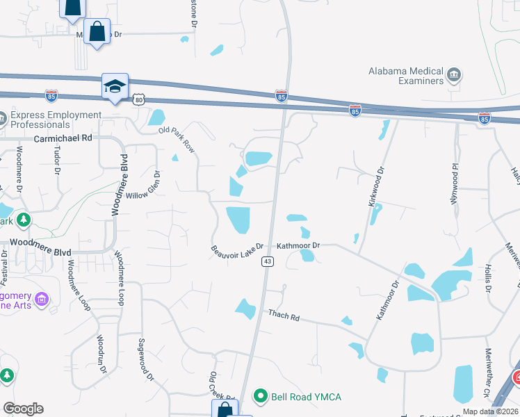 map of restaurants, bars, coffee shops, grocery stores, and more near 1700 Bell Road in Montgomery