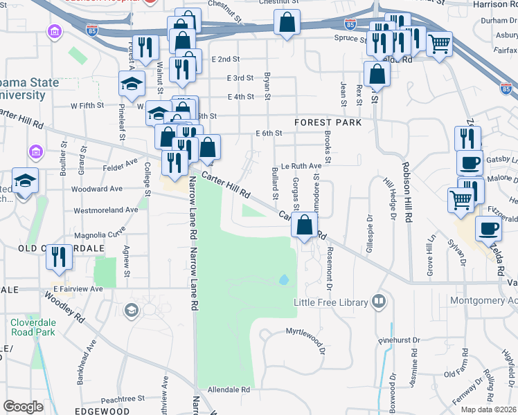 map of restaurants, bars, coffee shops, grocery stores, and more near 2264 Carter Hill Rd in Montgomery