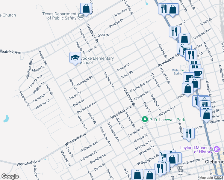 map of restaurants, bars, coffee shops, grocery stores, and more near 800 Madison Street in Cleburne