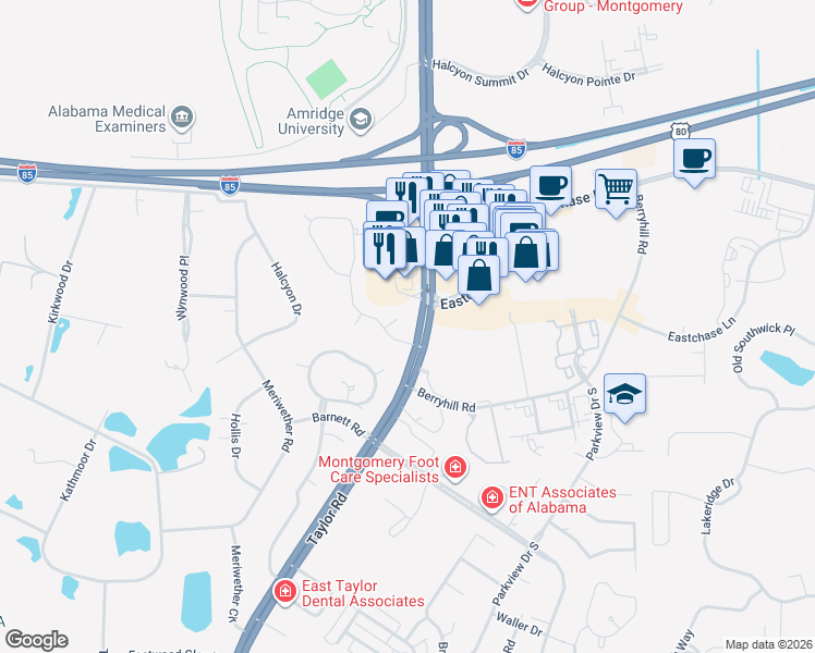 map of restaurants, bars, coffee shops, grocery stores, and more near 7701 Witherspoon Place in Montgomery