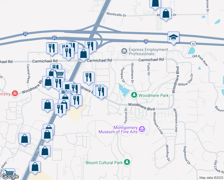 map of restaurants, bars, coffee shops, grocery stores, and more near 1404 Stonehenge Road in Montgomery