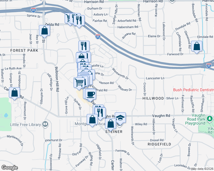 map of restaurants, bars, coffee shops, grocery stores, and more near 3140 Hemon Road in Montgomery
