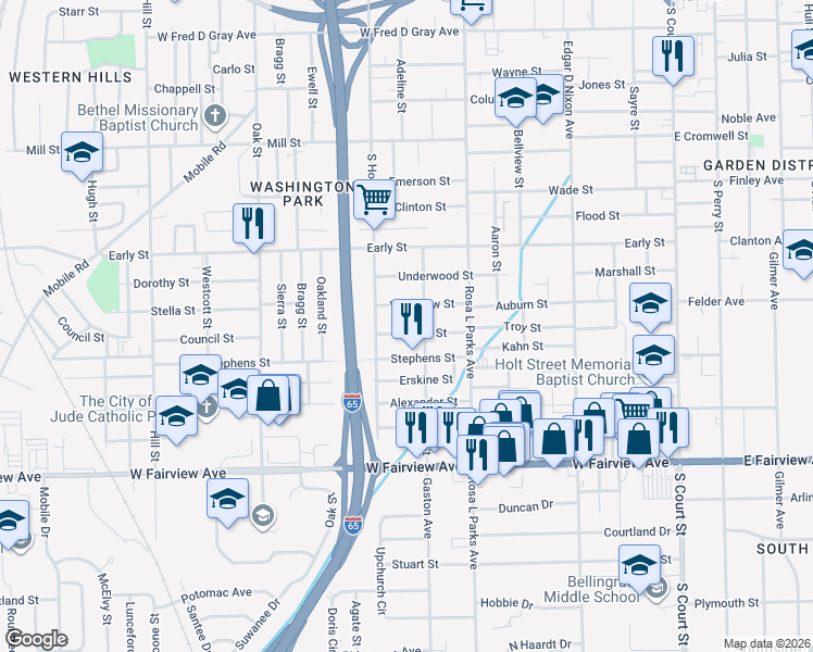 map of restaurants, bars, coffee shops, grocery stores, and more near 712 Clarke Street in Montgomery