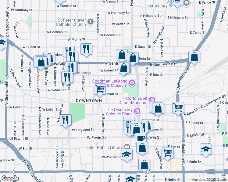 map of restaurants, bars, coffee shops, grocery stores, and more near 323 West Selman Street in Tyler