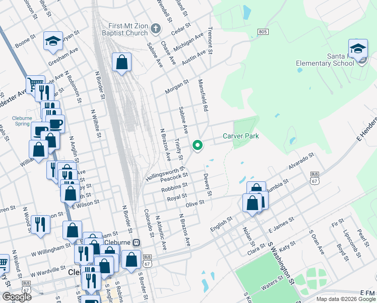 map of restaurants, bars, coffee shops, grocery stores, and more near 708 Trinity Street in Cleburne