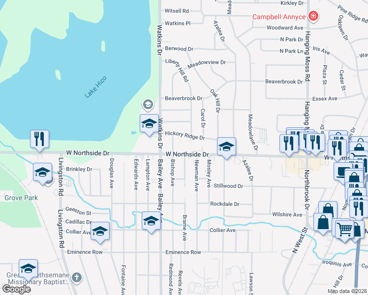 map of restaurants, bars, coffee shops, grocery stores, and more near 624 West Northside Drive in Jackson