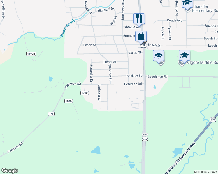 map of restaurants, bars, coffee shops, grocery stores, and more near 600 Peterson Road in Kilgore