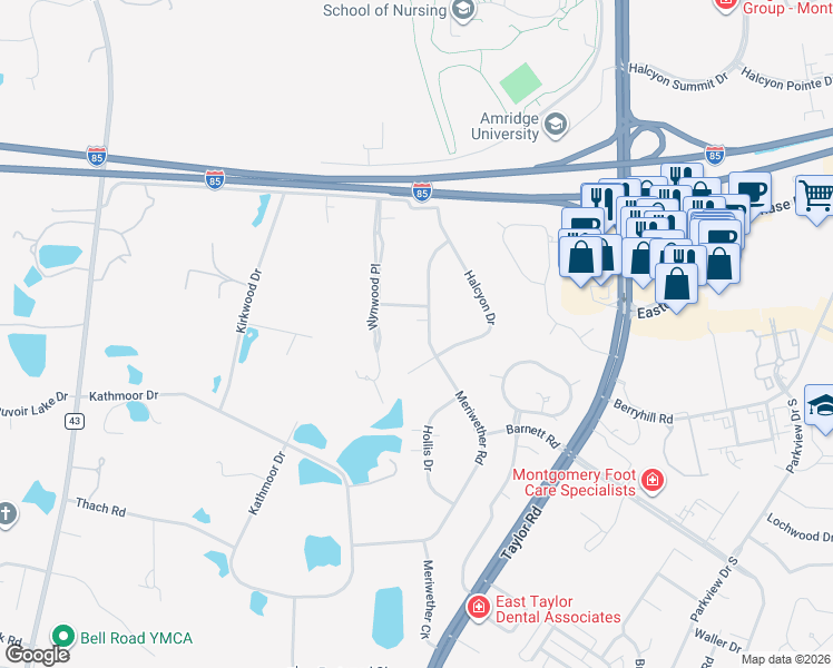 map of restaurants, bars, coffee shops, grocery stores, and more near 1264 Meriwether Road in Montgomery