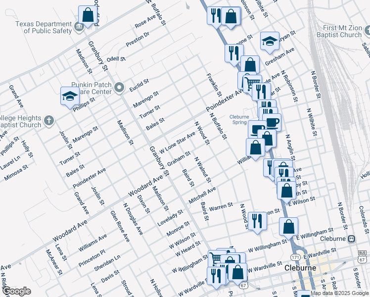 map of restaurants, bars, coffee shops, grocery stores, and more near 1106 North Walnut Street in Cleburne
