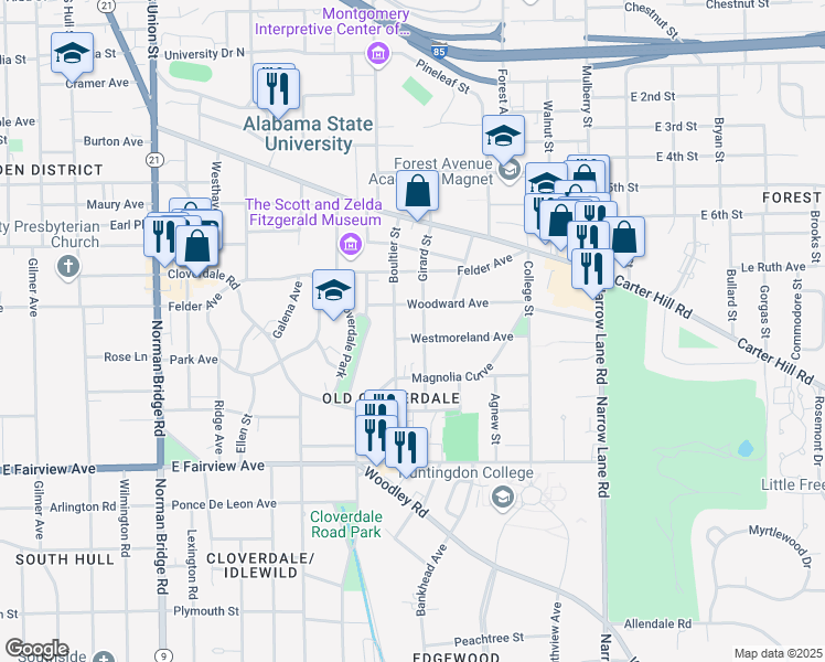 map of restaurants, bars, coffee shops, grocery stores, and more near 1117 Westmoreland Avenue in Montgomery