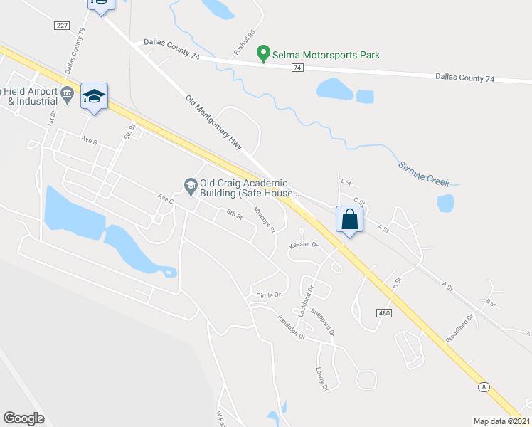 map of restaurants, bars, coffee shops, grocery stores, and more near 705 Mwenye Street in Selma