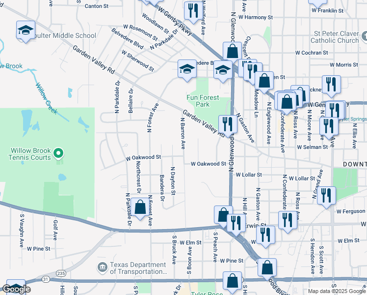map of restaurants, bars, coffee shops, grocery stores, and more near 600 Barron Avenue in Tyler